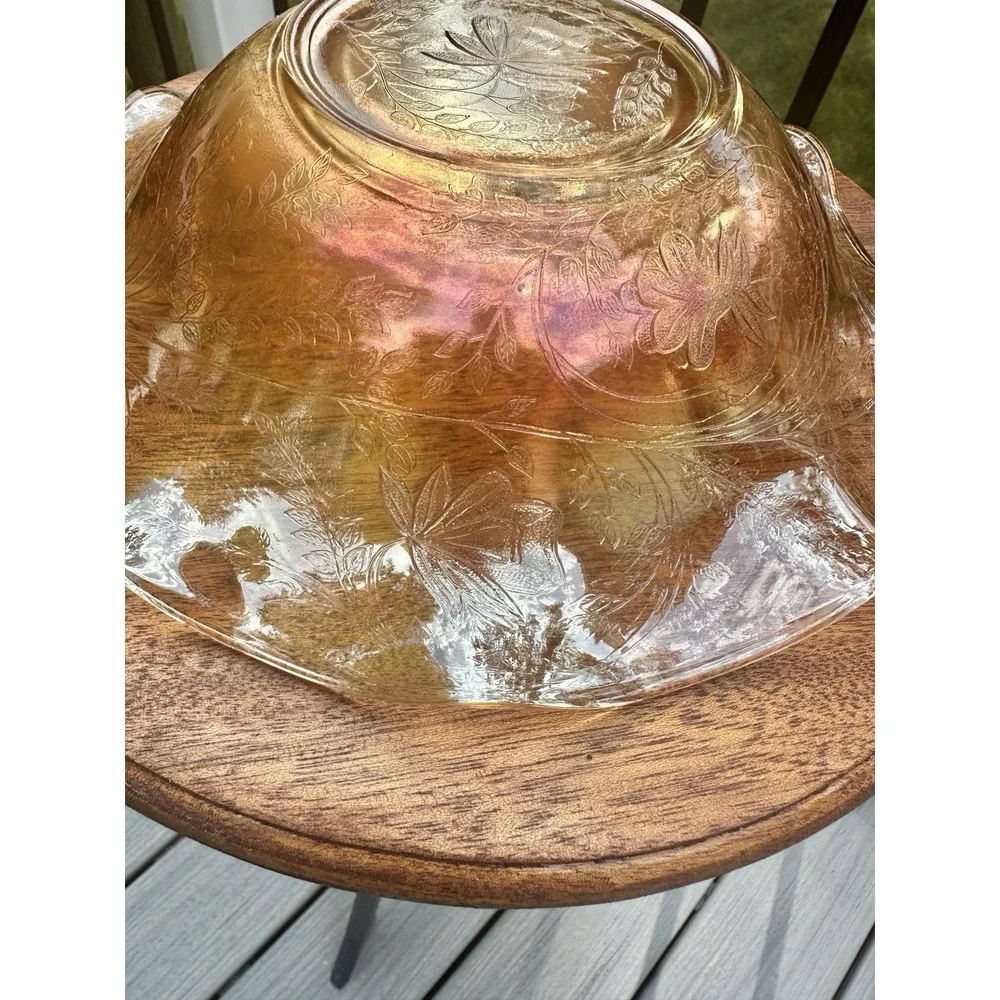 Jeanette Carnival Glass Bowl Vtg Iridescent Orange Floragold Louisa Ruffled 9.5